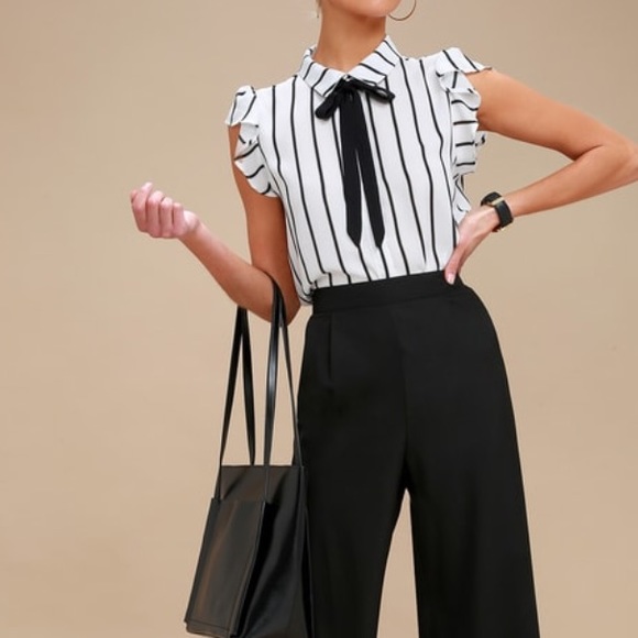 Lulus Tops - Lulus Black & White Striped Button Up Collared Blouse w/ Adjustable Black Tie